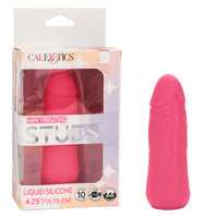 pink mini liquid silk studs vibrator, besides product packaging, on white back ground