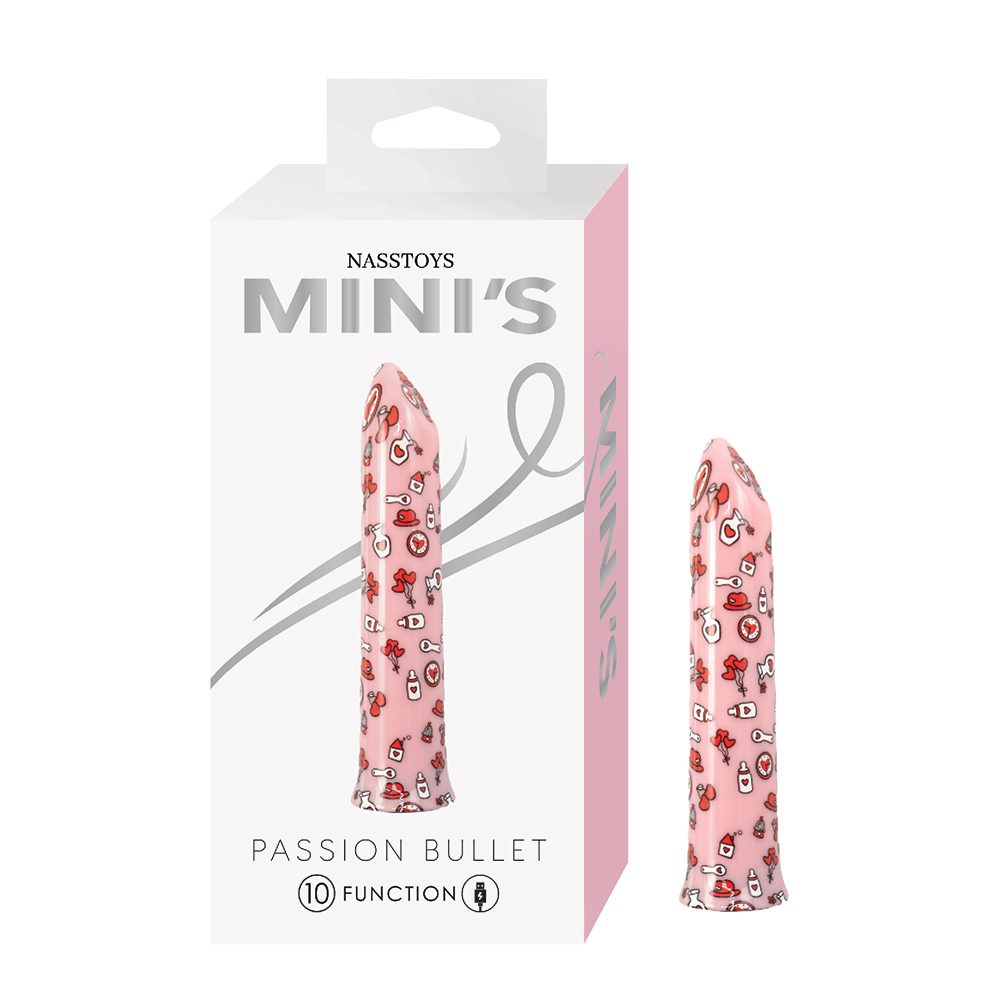 Pink passion bullet with floral patterns on packaging, featuring the brand 'Nasstoys'.