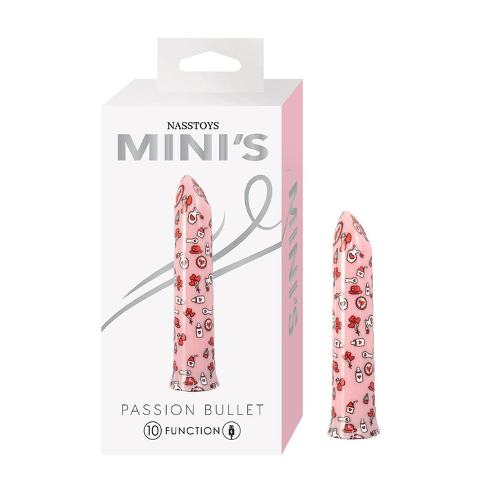 Pink passion bullet with floral patterns on packaging, featuring the brand 'Nasstoys'.