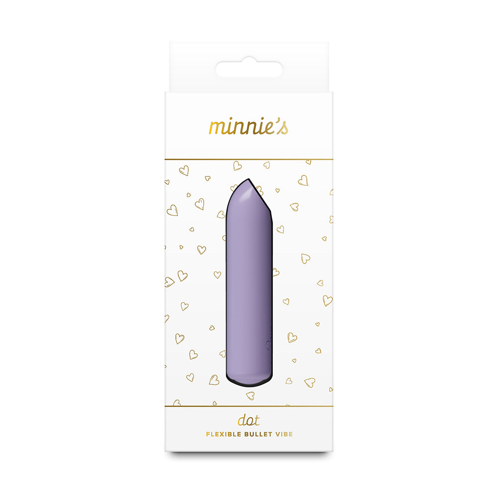A lavender flexible bullet vibrator in its original white packaging with gold accents and heart patterns. The packaging features the brand name 'minnie's' at the top and 'dot' at the bottom.