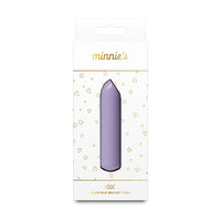 A lavender flexible bullet vibrator in its original white packaging with gold accents and heart patterns. The packaging features the brand name 'minnie's' at the top and 'dot' at the bottom.