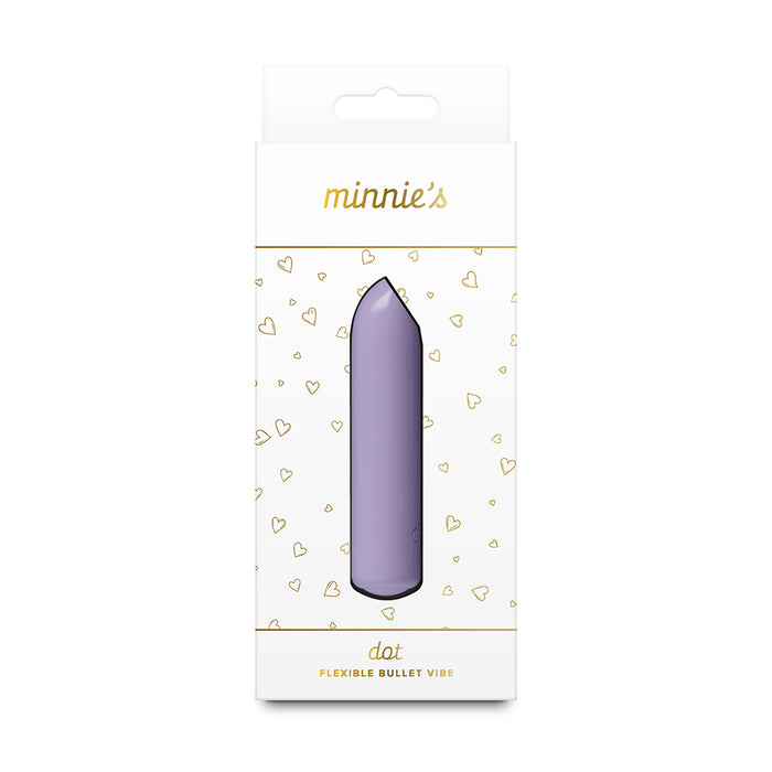 A lavender flexible bullet vibrator in its original white packaging with gold accents and heart patterns. The packaging features the brand name 'minnie's' at the top and 'dot' at the bottom.
