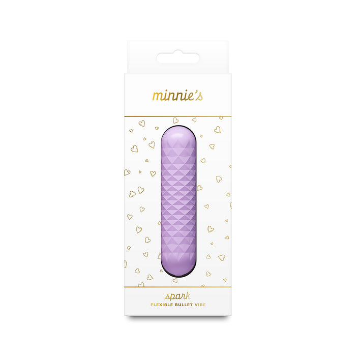 A packaged purple textured bullet vibrator in a white box with gold lettering and heart patterns, labeled 'minnie's spark'.