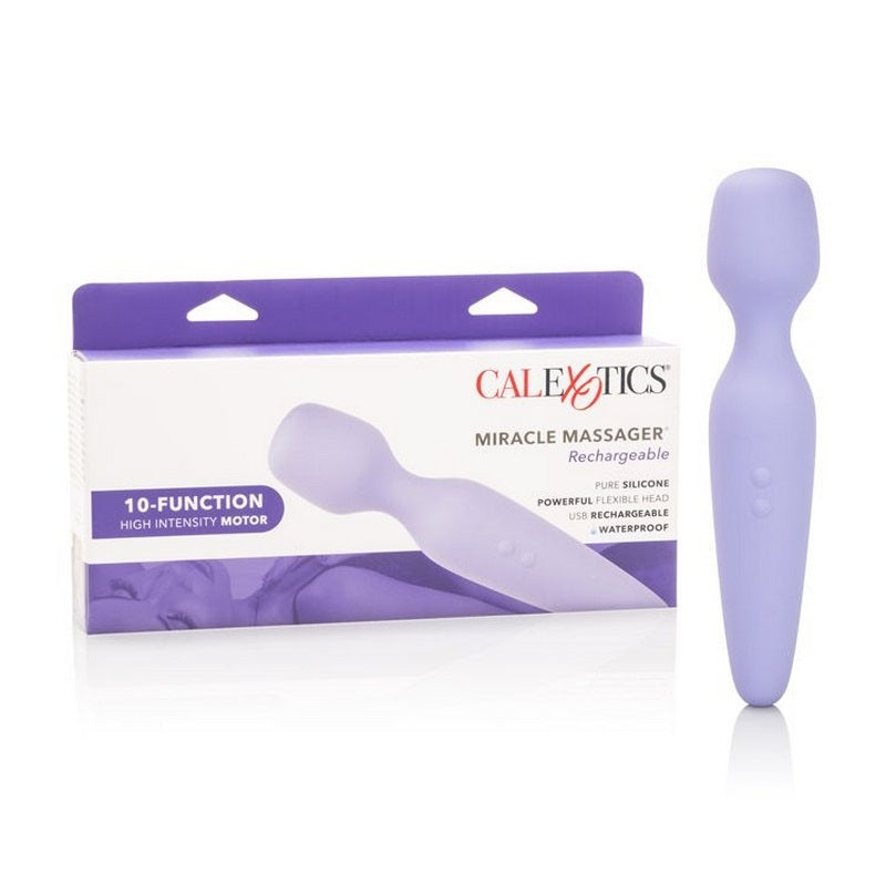 purple rechargeable miracle massager in purple and white box