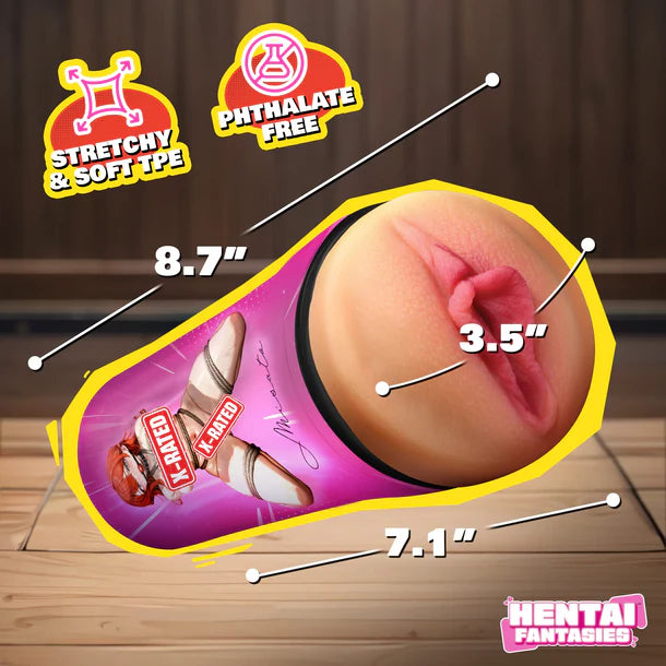 Product packaging with measurements and 'Hentai Fantasies' branding on a wooden surface.