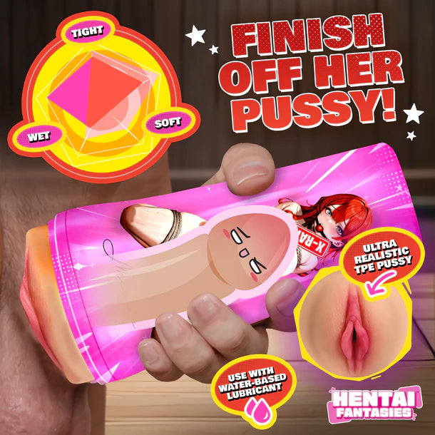 Product packaging with sexual content and text, held by a hand.