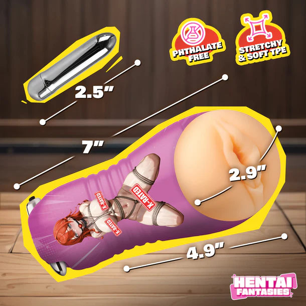 Product with dimensions labeled on a wooden background, featuring 'Hentai Fantasies' branding.