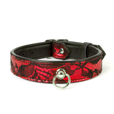 Black and red patterned collar with a silver buckle on a white background