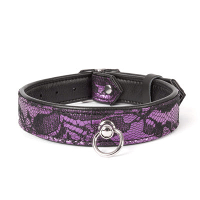 Black and purple patterned collar with a silver buckle on a white background