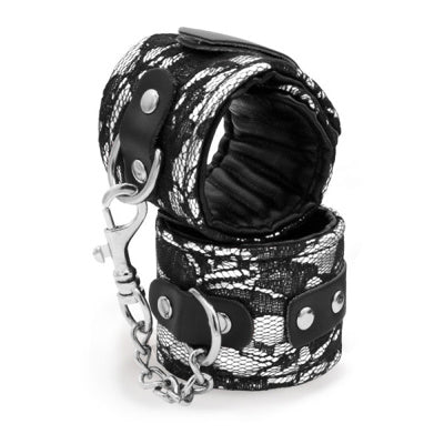 silver handcuffs with black lace