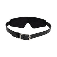 Black leather blindfold with a metal buckle on a white background