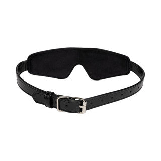 Black leather blindfold with a metal buckle on a white background