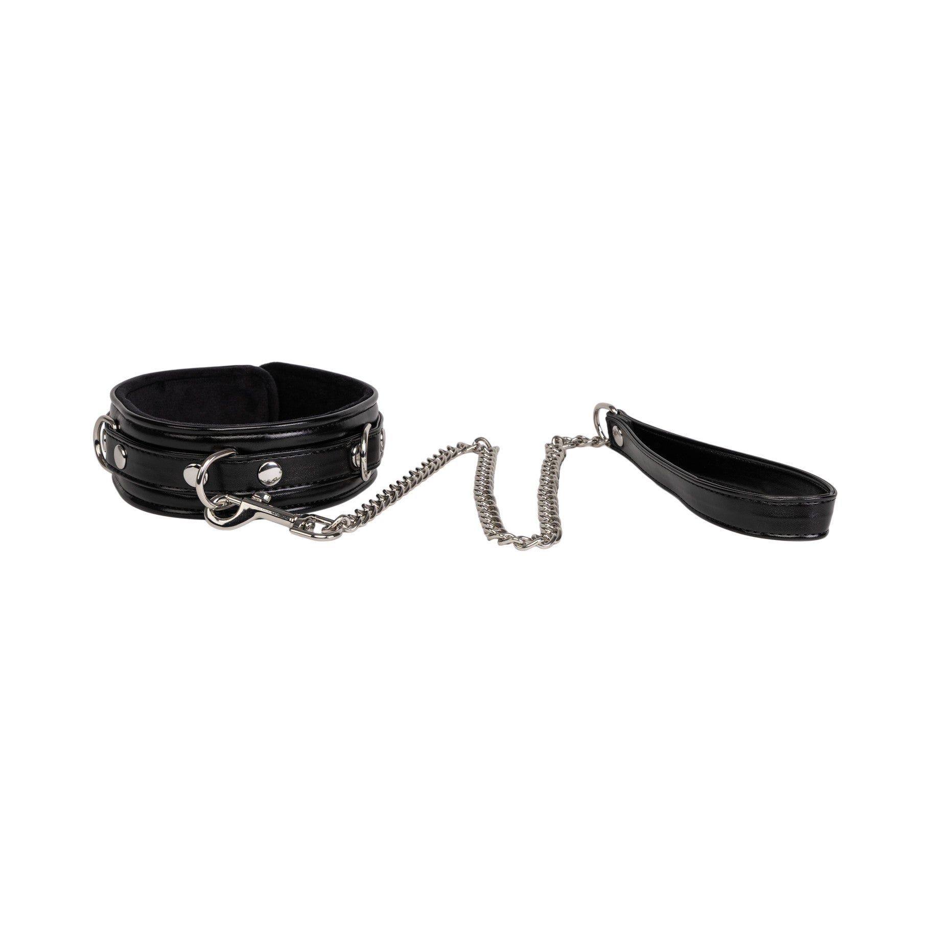 black collar with silver chain leash with black handle on white background
