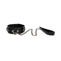 black collar with silver chain leash with black handle on white background