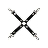 Black leather hog tie strap with silver hardware on a white background