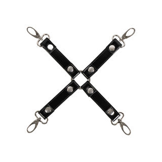 Black leather hog tie strap with silver hardware on a white background