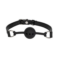 Black leather ball gag with metal clips on a white background