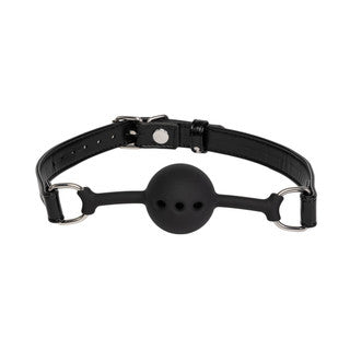 Black leather ball gag with metal clips on a white background