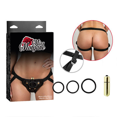 black strap on harness with front and back view. 3 rings and a vibrating gold bullet