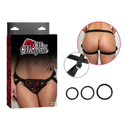 miss morgane red and black strap on harness with front and back view. with 3 rings