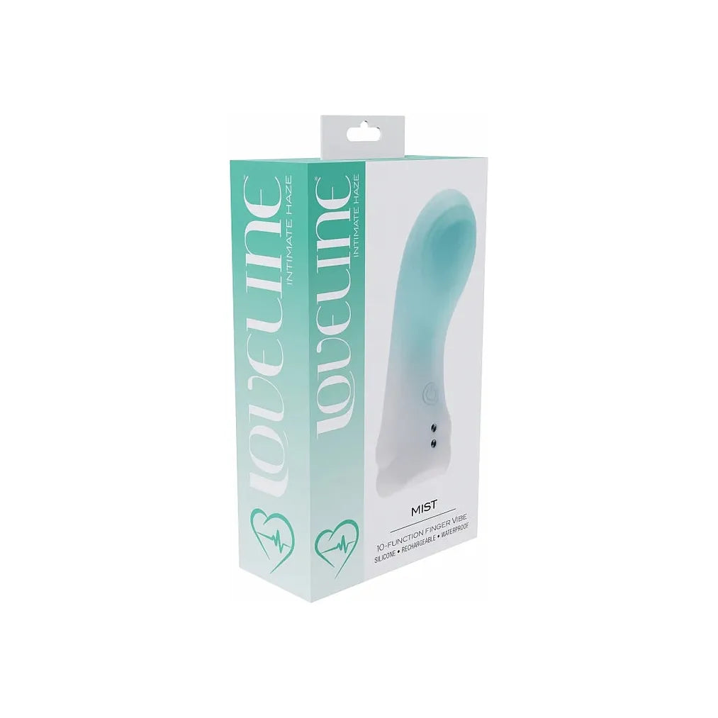 green ombre finger vibrator with bulbed tipped head, on box packaging