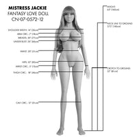 Measurement chart of a fantasy love doll named Mistress Jackie with labeled dimensions.