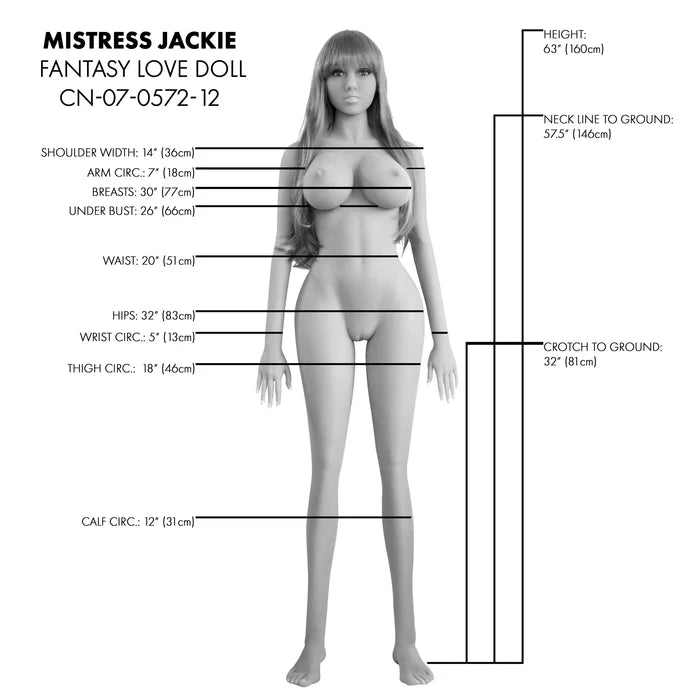 Measurement chart of a fantasy love doll named Mistress Jackie with labeled dimensions.