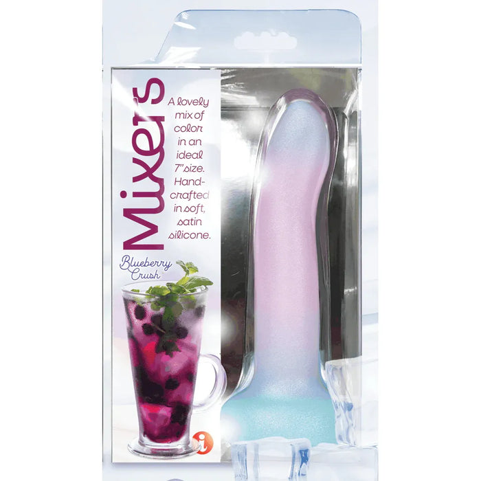 purple and blue curved mixers dildo in packaging