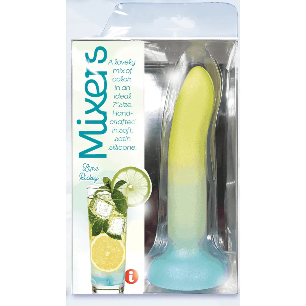 Silicone mixers lime rickey dildo in packaging with a lime green and blue gradient, labeled 'Mixers'.