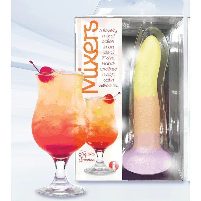 tequila sunrise dildo with 'mixers' branding next to a cocktail-themed product packaging.