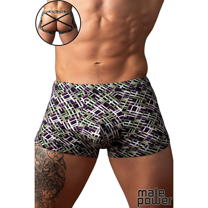 Man wearing patterned underwear with inset showing design details on a white background