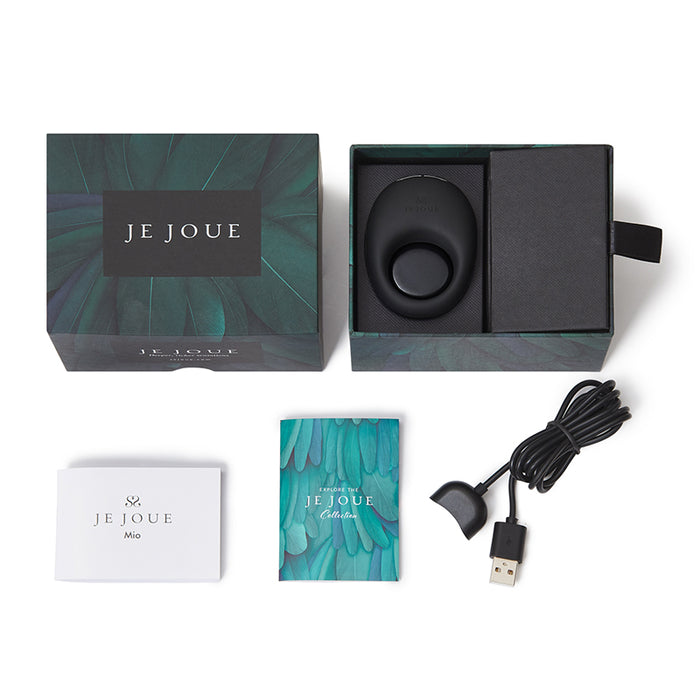 black vibrating rechargeable silicone cock ring in je joue box with charging cord and information booklets