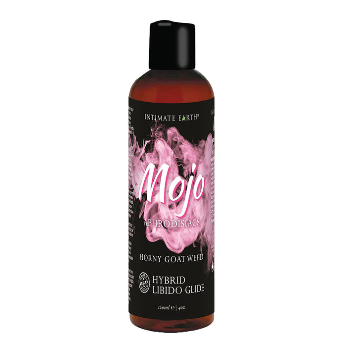 dark brown bottle with black and pink label mojo horny goat weed hybrid libido glide 4oz