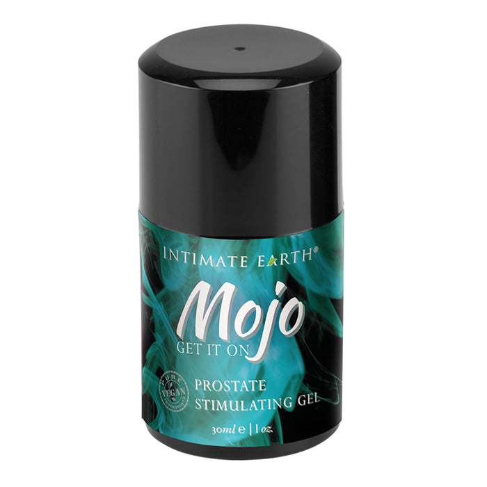 mojo get it on prostate stimulating gel in black container with green smoke