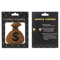 Nipple cover packaging with a gold bag design and product details on a black background.