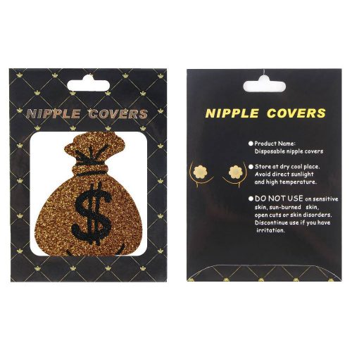Nipple cover packaging with a gold bag design and product details on a black background.