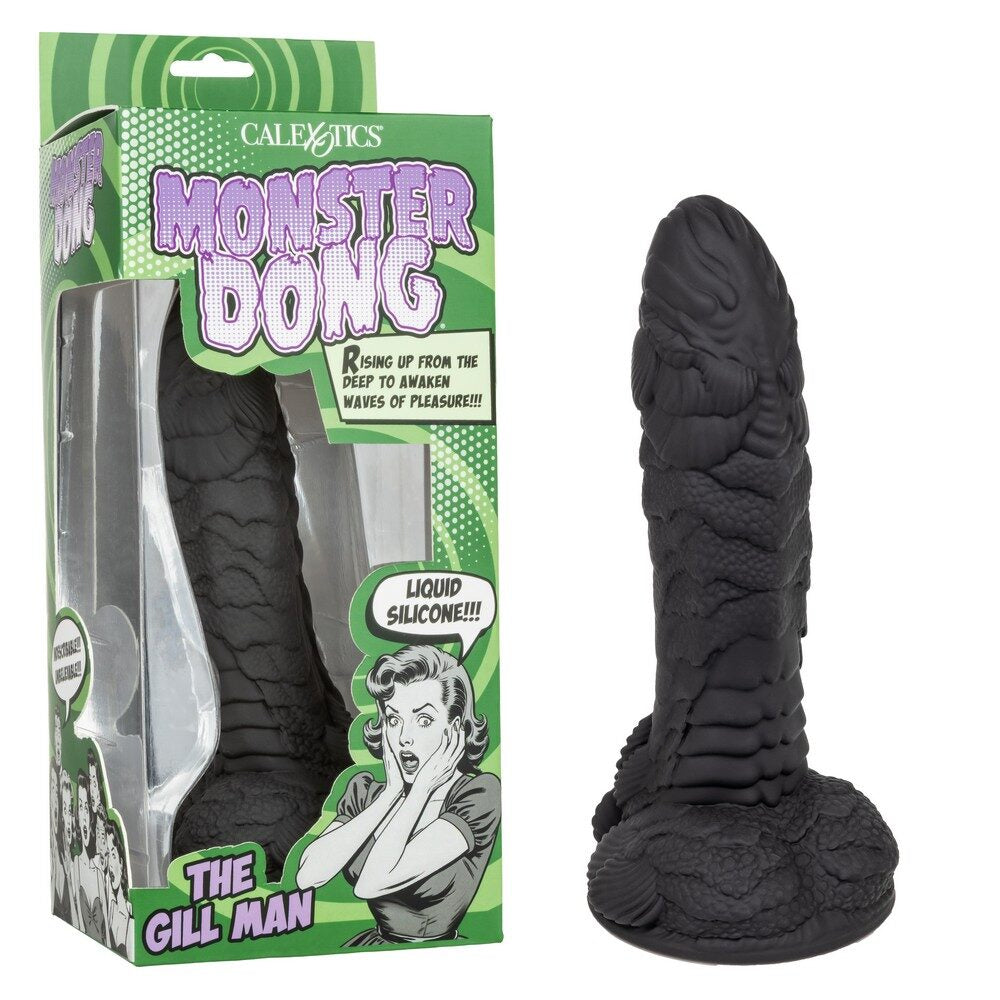 Black textured dildo resembling a creature with 'Monster Dong' packaging on a white background
