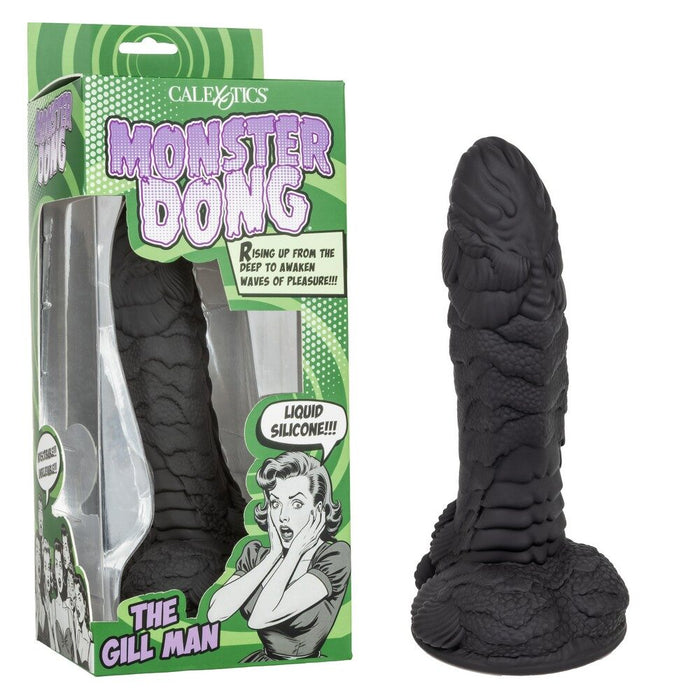 Black textured dildo resembling a creature with 'Monster Dong' packaging on a white background