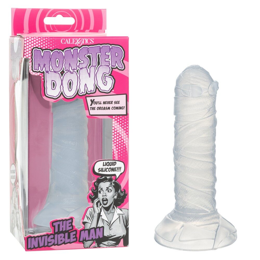 White silicone monster dong with mummy wrap packaging on a pink background