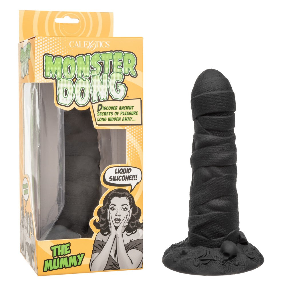 black mummy wrapped dildo with bottom base in black, beside box packaging