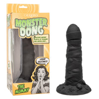 black mummy wrapped dildo with bottom base in black, beside box packaging