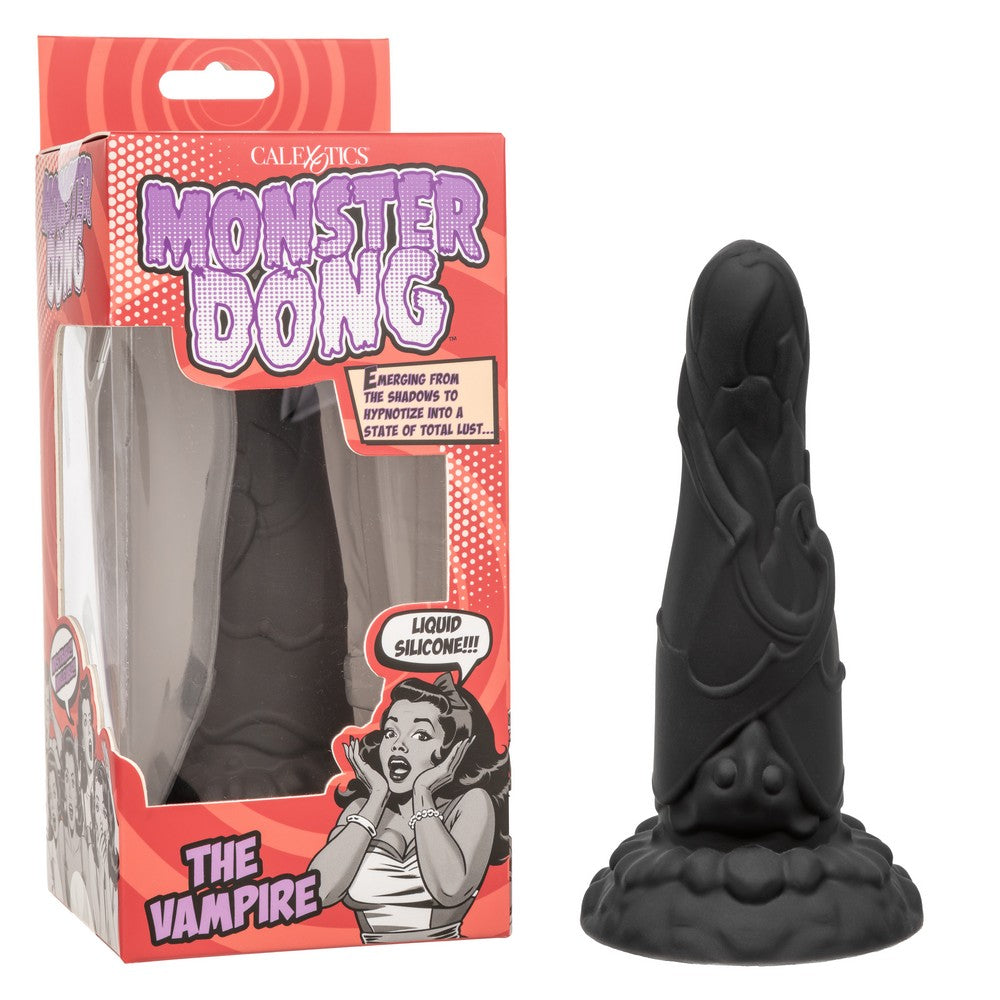 black dildo with a bat wrapped in his wings upside down, with bottom base, beside box packaging