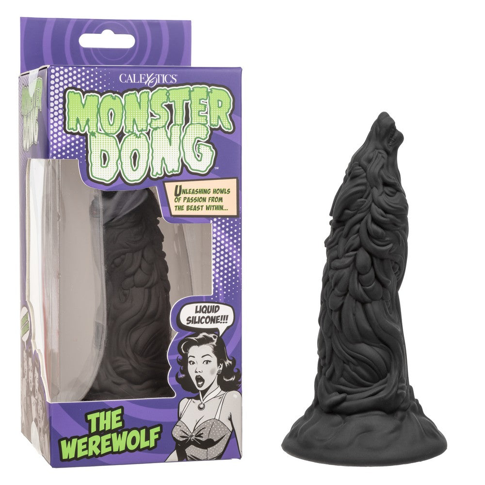 black werewolf howling dildo with bottom base, beside box packaging