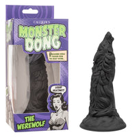 black werewolf howling dildo with bottom base, beside box packaging