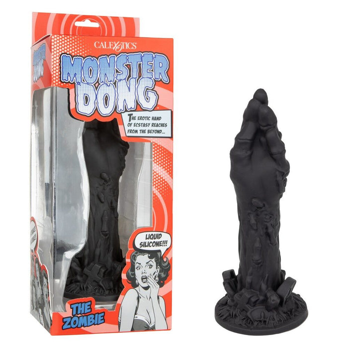 Black zombie hand dildo with packaging on a white background