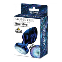 Hutt Products Monster Romance Horrify light-up vibrating tushie toy packaging box, featuring a blue and black patterned design with product illustrations on a white background.