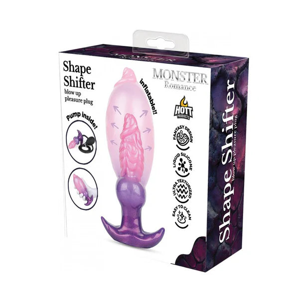Purple and pink inflatable pleasure plug with packaging on a white background