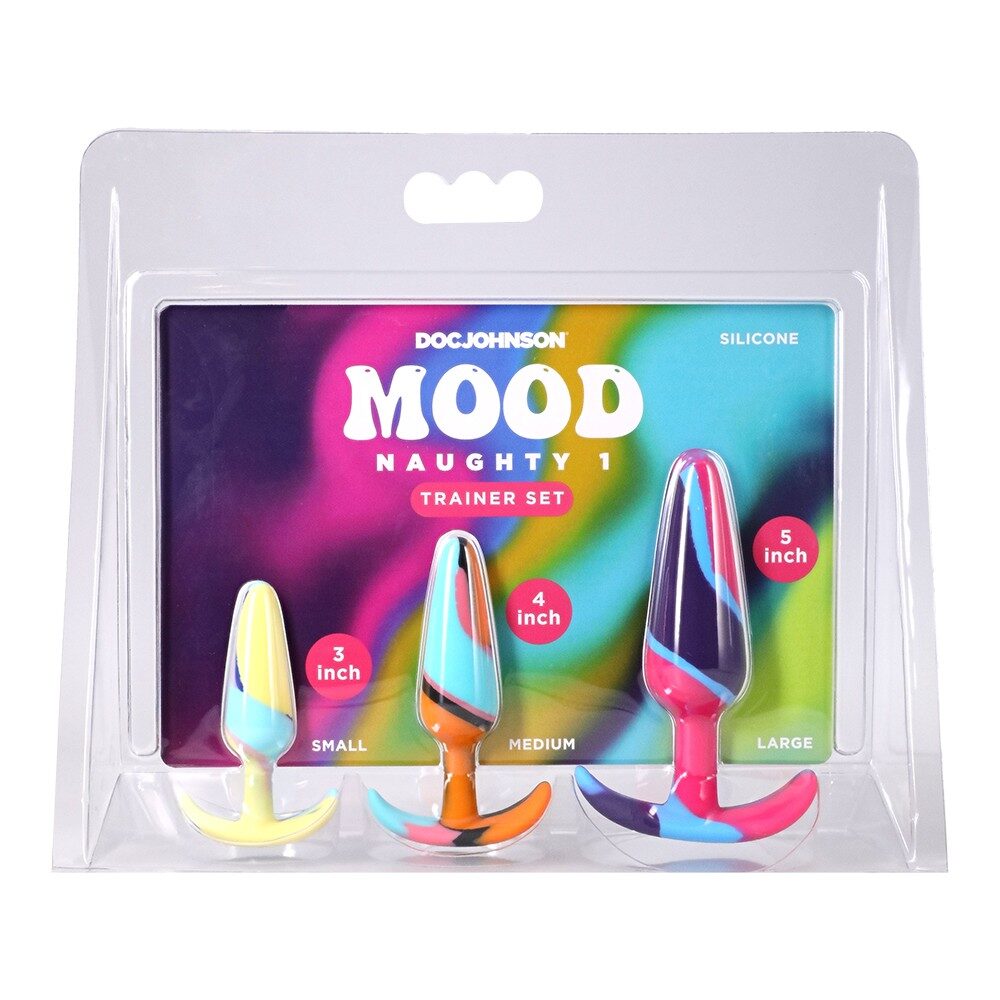 Packaged set of Doc Johnson Mood Naughty 1 silicone trainer with colorful design on a white background