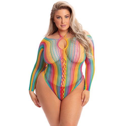 Woman wearing a colorful crochet teddy on a white background