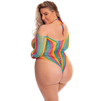 Woman wearing a colorful striped teddy on a white background